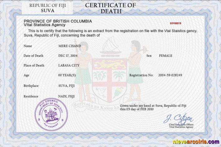 Fiji death certificate